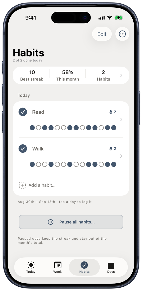 Habits, tracked quietly — A streak, a shaded month, and each habit's last fortnight in its own row.
